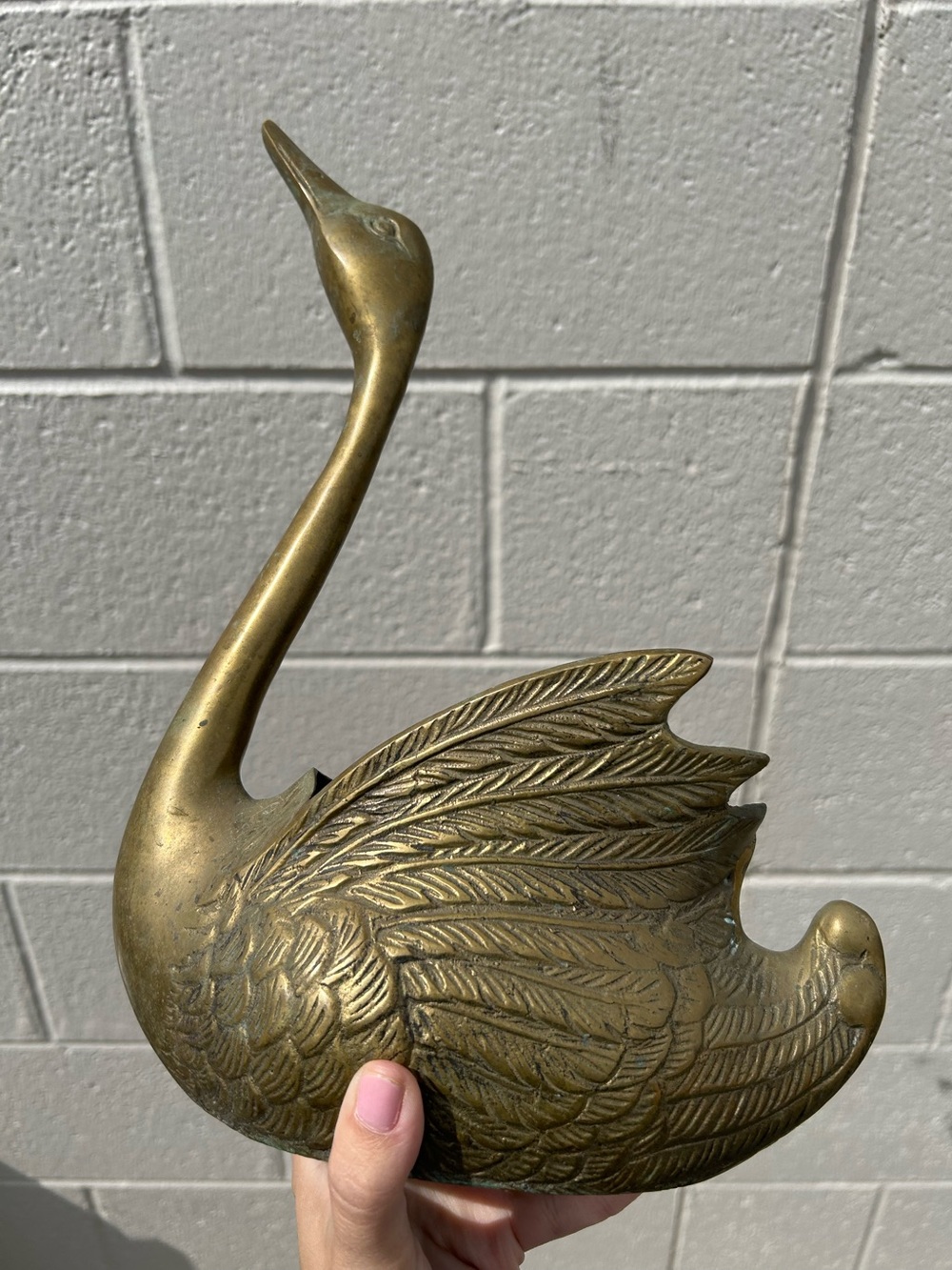 vintage Hollywood Regency-style solid brass swan planter with detailed etched